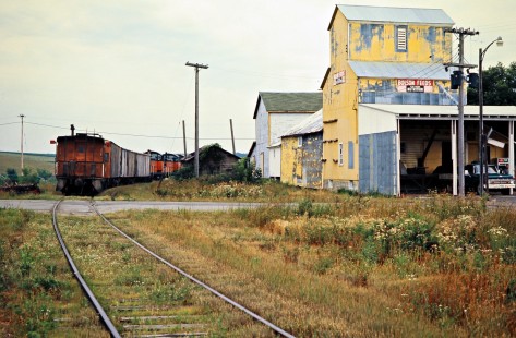 Westbound Milwaukee Road freight train in Mabel, Minnesota, on July 20, 1976. Photograph by John F. Bjorklund, © 2016, Center for Railroad Photography and Art. Bjorklund-65-08-06