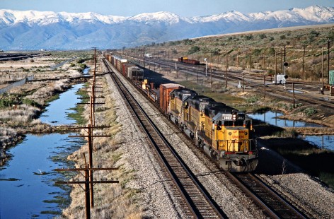 Westbound Union Pacific Railroad freight train on Western Pacific Railroad track in Garfield, Utah, on May 12, 1986. Photograph by John F. Bjorklund, © 2016, Center for Railroad Photography and Art. Bjorklund-90-17-02