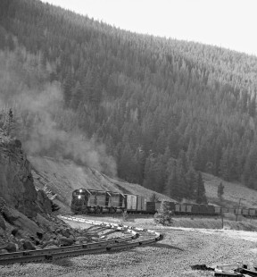 Eastbound Denver and Rio Grande Western Railroad freight train climbs through Mitchell siding near Minturn, Colorado, in June 1975. Photograph by J. Parker Lamb, © 2017, Center for Railroad Photography and Art. Lamb-02-095-01