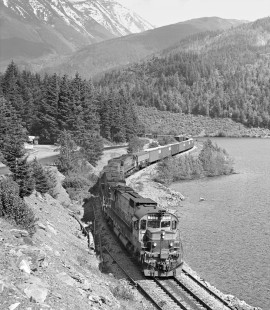 Southbound British Columbia Railway freight train no. 16 skirts edge of Gates Lake near Birken, British Columbia, in June 1978. Photograph by J. Parker Lamb, © 2017, Center for Railroad Photography and Art. Lamb-02-109-12