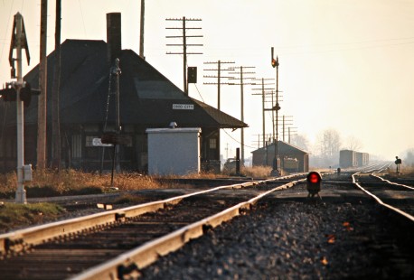 Erie Lackawanna Railway depot in Ohio City, Ohio, on November 16, 1975. Photograph by John F. Bjorklund, © 2016, Center for Railroad Photography and Art. Bjorklund-55-20-17
