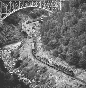 Westbound Western Pacific Railroad freight train passing Pulga siding in Feather River Canyon in April 1972. Photograph by J. Parker Lamb, © 2017, Center for Railroad Photography and Art. Lamb-02-102-08