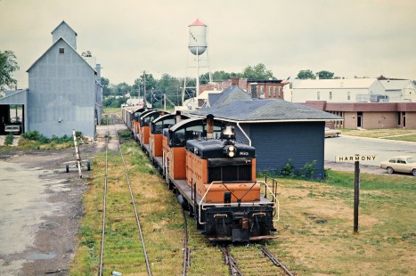 Westbound Milwaukee Road freight train at Harmony, Minnesota, on July 20, 1976. Photograph by John F. Bjorklund, © 2016, Center for Railroad Photography and Art. Bjorklund-65-09-12