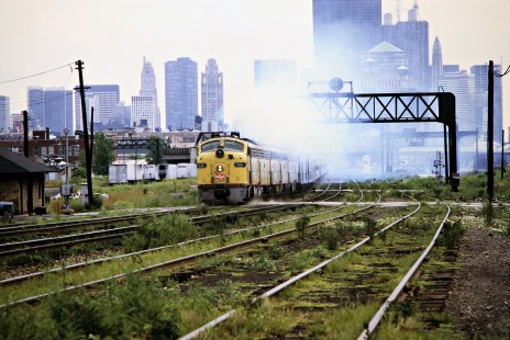 Westbound Amtrak passenger train no. 9, the <i>North Coast Hiawatha</i>, with Milwaukee Road lead unit 32A in Chicago, Illinois, on July 15, 1972. Photograph by John F. Bjorklund, © 2016, Center for Railroad Photography and Art. Bjorklund-63-09-02