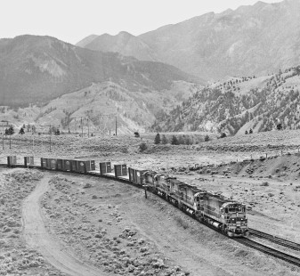 Northbound British Columbia Railway freight train climbs grade from Lillooet, British Columbia, toward Pavillion Loop in June 1978. Photograph by J. Parker Lamb, © 2017, Center for Railroad Photography and Art. Lamb-02-111-04