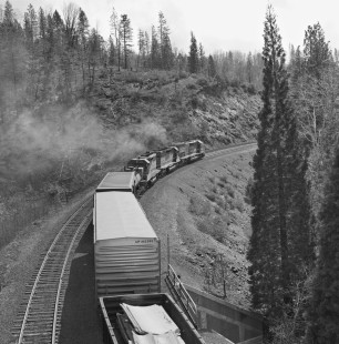 Eastbound Southern Pacific Railroad freight train near Bowman, California, on climb to Donner Summit in April 1972. Photograph by J. Parker Lamb, © 2017, Center for Railroad Photography and Art. Lamb-02-093-09