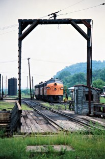Milwaukee Road locomotive at yard in Marquette, Iowa, on May 28, 1977. Photograph by John F. Bjorklund, © 2016, Center for Railroad Photography and Art. Bjorklund-65-15-21