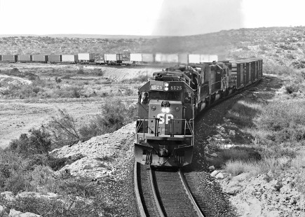 Eastbound Southern Pacific Railroad freight train departs Shumla siding (west of Del Rio, Texas) in October 1984. Photograph by J. Parker Lamb, © 2017, Center for Railroad Photography and Art. Lamb-02-081-10