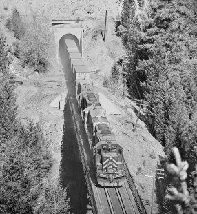 Eastbound Western Pacific Railroad freight train crosses Feather River Canyon near Keddie, California, in April 1972. Photograph by J. Parker Lamb, © 2017, Center for Railroad Photography and Art. Lamb-02-102-02