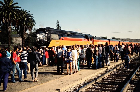 Westbound Southern Pacific Railroad passenger train, <i>Daylight</i>, led by steam locomotive no. 4449 in San Luis Obispo, California, on June 19, 1984. Photograph by John F. Bjorklund, © 2016, Center for Railroad Photography and Art. Bjorklund-86-16-19