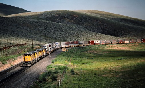 Eastbound Union Pacific Railroad freight train at Telocaset, Oregon, on June 27, 1988. Photograph by John F. Bjorklund, © 2016, Center for Railroad Photography and Art. Bjorklund-91-11-14