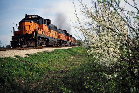 Westbound Milwaukee Road freight train in Mitchell, Indiana, on April 28, 1978. Photograph by John F. Bjorklund, © 2016, Center for Railroad Photography and Art. Bjorklund-66-05-07