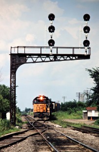Westbound Milwaukee Road freight train at Polo, Missouri, on July 9, 1981. Photograph by John F. Bjorklund, © 2016, Center for Railroad Photography and Art. Bjorklund-68-29-06