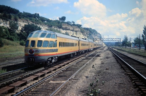 Milwaukee Road passenger train no. 2, the eastbound <i>Afternoon Hiawatha</i>, with sky-top parlor observation car departing St. Paul, Minnesota, in August 1968. Photograph by John F. Bjorklund, © 2016, Center for Railroad Photography and Art. Bjorklund-63-03-16