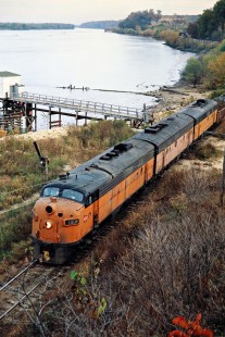 Northbound Milwaukee Road freight train at Dubuque, Iowa, on October 21, 1978. Photograph by John F. Bjorklund, © 2016, Center for Railroad Photography and Art. Bjorklund-67-18-07