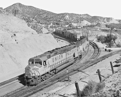 Westbound Union Pacific Railroad manifest crests California's Cajon Pass behind two DDA40X units in June 1968. Photograph by J. Parker Lamb, © 2017, Center for Railroad Photography and Art. Lamb-02-104-02