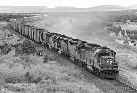 Southbound Southern Pacific Railroad "Blue Streak Merchandise" train climbs grade toward Corona, New Mexico, in April 1987. Photograph by J. Parker Lamb, © 2017, Center for Railroad Photography and Art. Lamb-02-092-05