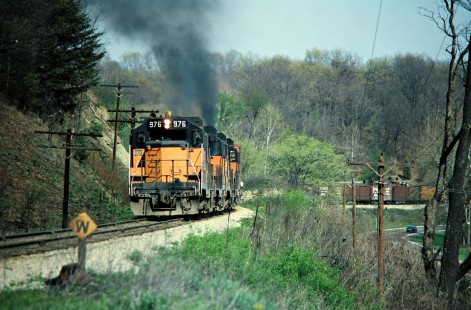 Westbound Milwaukee Road freight train near Borden, Indiana, on April 28, 1978. Photograph by John F. Bjorklund, © 2016, Center for Railroad Photography and Art. Bjorklund-66-04-02