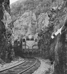 Eastbound Maine Central Railroad freight train squeezes through cut at White Mountains summit in June 1980. Photograph by J. Parker Lamb, © 2017, Center for Railroad Photography and Art. Lamb-02-116-06