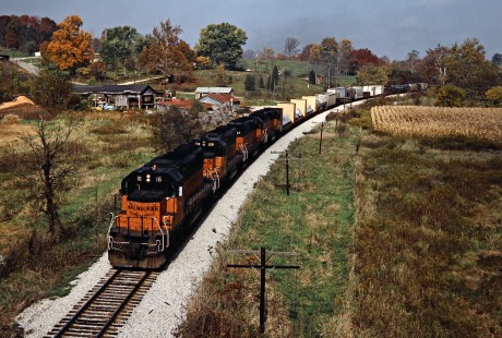 Southbound Milwaukee Road freight train in Salem, Indiana, on October 13, 1985. Photograph by John F. Bjorklund, © 2016, Center for Railroad Photography and Art. Bjorklund-69-13-06