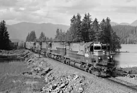 Southbound British Columbia Railway freight train no. 16 passes Gates Lake near Birken, British Columbia, in June 1978. Photograph by J. Parker Lamb, © 2017, Center for Railroad Photography and Art. Lamb-02-110-01