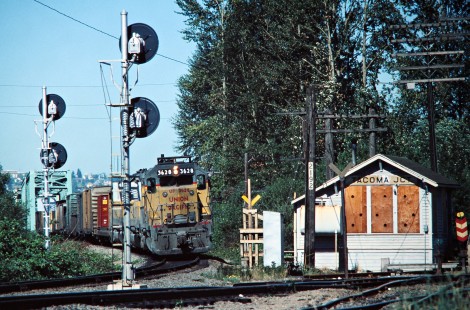 Northbound Union Pacific Railroad freight train at Tacoma Junction, Washington, on August 7, 1978. Photograph by John F. Bjorklund, © 2016, Center for Railroad Photography and Art. Bjorklund-89-16-20