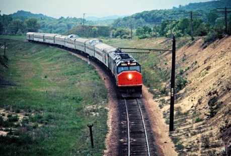 Eastbound Amtrak passenger train no. 10, the <i>North Coast Hiawatha</i>, on Milwaukee Road track nearing Tunnel City, Wisconsin, on May 30, 1976. Photograph by John F. Bjorklund, © 2016, Center for Railroad Photography and Art. Bjorklund-65-03-05
