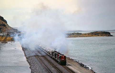 Southern Pacific Railroad work train on the Great Salt Lake near Lakeside, Utah, on September 6, 1986. Photograph by John F. Bjorklund, © 2016, Center for Railroad Photography and Art. Bjorklund-87-01-21