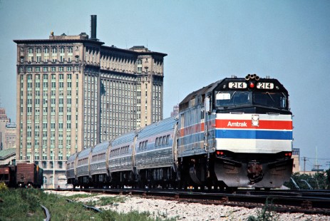Westbound Amtrak passenger train no. 355 operating on Conrail track at Detroit, Michigan, on June 3, 1976. Photograph by John F. Bjorklund, © 2016, Center for Railroad Photography and Art. Bjorklund-80-07-03