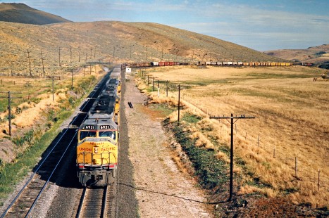 Eastbound Union Pacific Railroad local freight train in Telocaset, Oregon, on July 17, 1974. Photograph by John F. Bjorklund, © 2016, Center for Railroad Photography and Art. Bjorklund-89-10-21