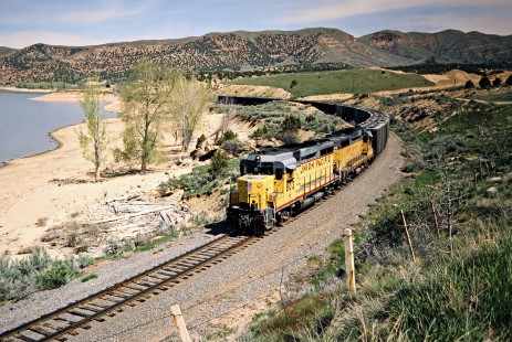 Eastbound Union Pacific Railroad freight train, the Park City local, at Coalville, Utah, on May 13, 1986. Photograph by John F. Bjorklund, © 2016, Center for Railroad Photography and Art. Bjorklund-90-18-02