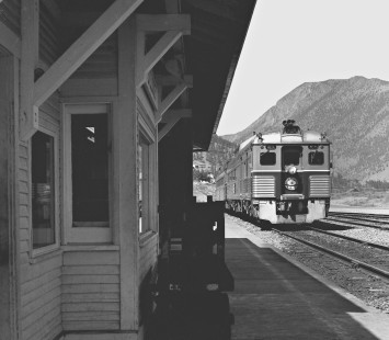 British Columbia Railway Rail Diesel Car passenger train awaits departure from Lillooet, British Columbia. Ahead is a 158-mile trip to North Vancouver in June 1978. Photograph by J. Parker Lamb, © 2017, Center for Railroad Photography and Art. Lamb-02-111-02