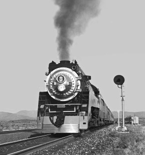 Classic low-angle front view of Southern Pacific Railroad's no. 4449 steam locomotive at Marathon, Texas, in May 1984. Photograph by J. Parker Lamb, © 2017, Center for Railroad Photography and Art. Lamb-02-089-11