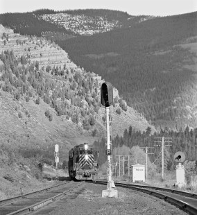 Denver and Rio Grande Western Railroad helper units arrive at home base (Minturn, Colorado) as sun shines through the valley in June 1975. Photograph by J. Parker Lamb, © 2017, Center for Railroad Photography and Art. Lamb-02-094-11