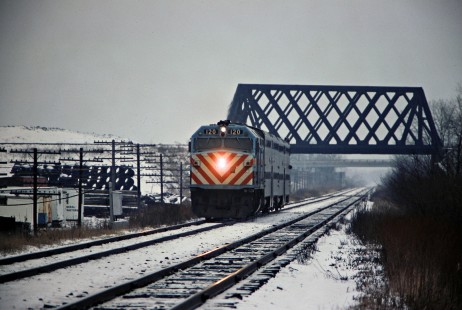 Westbound Metra commuter train on the Milwaukee Road near Techny, Illinois, in January 1980. Photograph by John F. Bjorklund, © 2016, Center for Railroad Photography and Art. Bjorklund-69-05-21