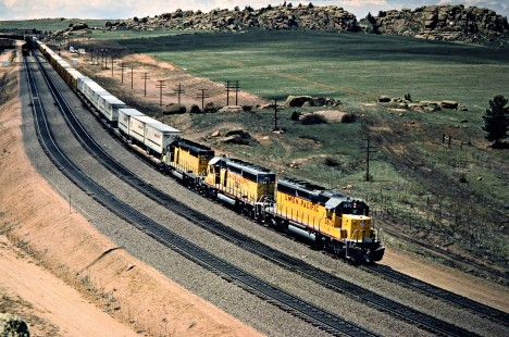 Eastbound Union Pacific Railroad freight train on Sherman Hill at Dale, Wyoming, on May 17, 1986. Photograph by John F. Bjorklund, © 2016, Center for Railroad Photography and Art. Bjorklund-90-25-04