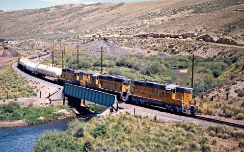Eastbound Union Pacific Railroad local freight train in Kemmerer, Wyoming, on July 14, 1974. Photograph by John F. Bjorklund, © 2016, Center for Railroad Photography and Art. Bjorklund-89-05-04