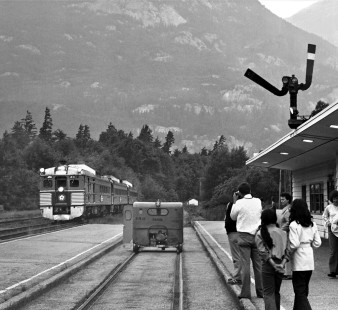 British Columbia Railway passenger train no. 2 arrives at Squamish, British Columbia, at dusk in June 1978. Photograph by J. Parker Lamb, © 2017, Center for Railroad Photography and Art. Lamb-02-110-09