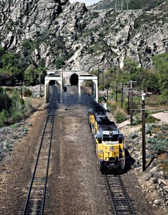Eastbound Union Pacific Railroad locomotives for the Park City Local at Devil's Slide, Utah, on May 13, 1986. Photograph by John F. Bjorklund, © 2016, Center for Railroad Photography and Art. Bjorklund-90-18-06