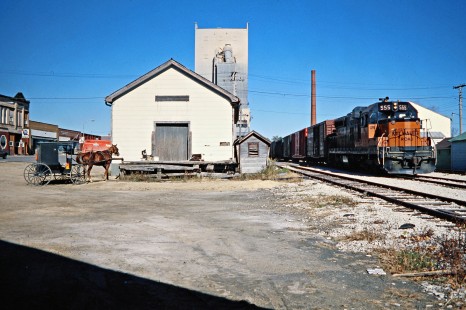 Southbound Milwaukee Road freight train in Cashton, Wisconsin, on October 20, 1978. Photograph by John F. Bjorklund, © 2016, Center for Railroad Photography and Art. Bjorklund-67-14-06
