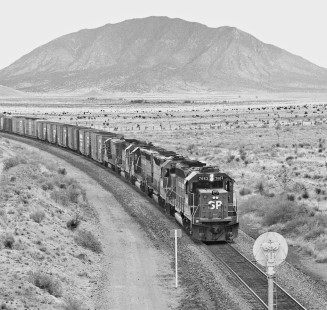 Southbound Southern Pacific Railroad "Blue Streak Merchandise" train approaches Tularosa, New Mexico, in April 1987. Photograph by J. Parker Lamb, © 2017, Center for Railroad Photography and Art. Lamb-02-092-08