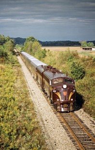 Eastbound Ohio Central Railroad passenger train with F-units at West Lafayette, Ohio, on October 5, 2002. Photograph by John F. Bjorklund, © 2016, Center for Railroad Photography and Art. Bjorklund-78-01-19