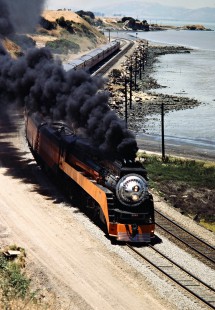 Southern Pacific Railroad passenger train, <i>Daylight</i>, led by steam locomotive no. 4449 in Pinole, California, on June 21, 1984. Photograph by John F. Bjorklund, © 2016, Center for Railroad Photography and Art. Bjorklund-86-19-13