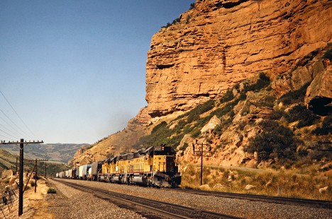 Union Pacific Railroad freight train at Echo, Utah, on August 15, 1986. Photograph by John F. Bjorklund, © 2016, Center for Railroad Photography and Art. Bjorklund-90-17-14
