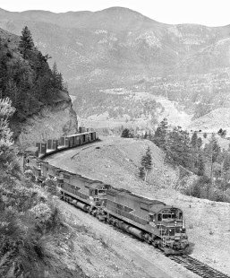 Westbound British Columbia Railway freight train climbs grade toward Pavillion Loop in June 1978. Photograph by J. Parker Lamb, © 2017, Center for Railroad Photography and Art. Lamb-02-111-06