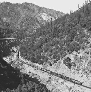 Westbound Western Pacific Railroad freight train in Feather River Canyon near Pulga siding in April 1972. Photograph by J. Parker Lamb, © 2017, Center for Railroad Photography and Art. Lamb-02-102-07