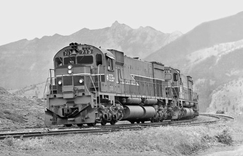Northbound British Columbia Railway freight train (headed for Williams Lake) climbs grade from Lillooet, British Columbia, toward Pavillion Loop (20 miles west) in June 1978. Photograph by J. Parker Lamb, © 2017, Center for Railroad Photography and Art. Lamb-02-111-03