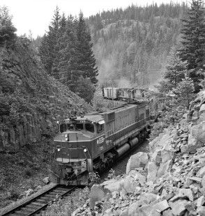 British Columbia Railway extra freight train no. 725 north slips through narrow cut near Brandywine Falls, British Columbia, in June 1978. Photograph by J. Parker Lamb, © 2017, Center for Railroad Photography and Art. Lamb-02-109-07