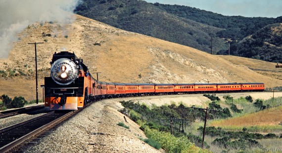 Southern Pacific Railroad passenger train, <i>Daylight</i>, led by steam locomotive no. 4449 near Casmalia, California, on June 19, 1984. Photograph by John F. Bjorklund, © 2016, Center for Railroad Photography and Art. Bjorklund-86-15-15