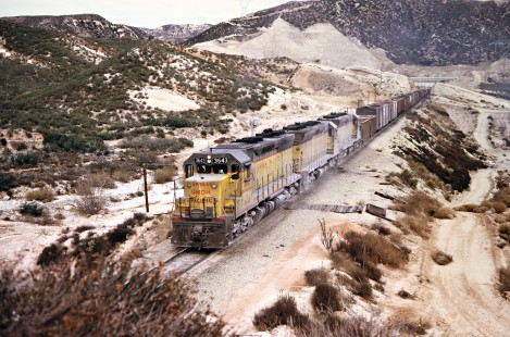 Eastbound Union Pacific Railroad freight train on Cajon Pass near Sullivan's Curve, California, on December 17, 1972. Photograph by John F. Bjorklund, © 2016, Center for Railroad Photography and Art. Bjorklund-89-01-17
